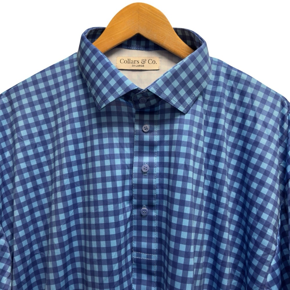 Collars & Co. Men's Sz 3XL Dress Collar Blue Checkered Performance Golf Polo euc